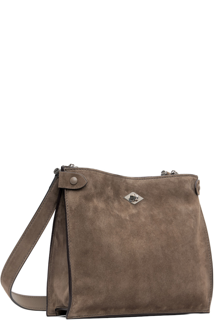 Handcrafted calfskin suede shoulder bag.

· Burnished edges throughout 
· Adjustable and detachable crossbody strap
· Patch pocket at back face
· Press-stud tab at sides
· Turn-lock closure 
· Patch and zip pockets at interior 
· Suede lining 
· H8" x W9" x D2"

Supplier color: Clay