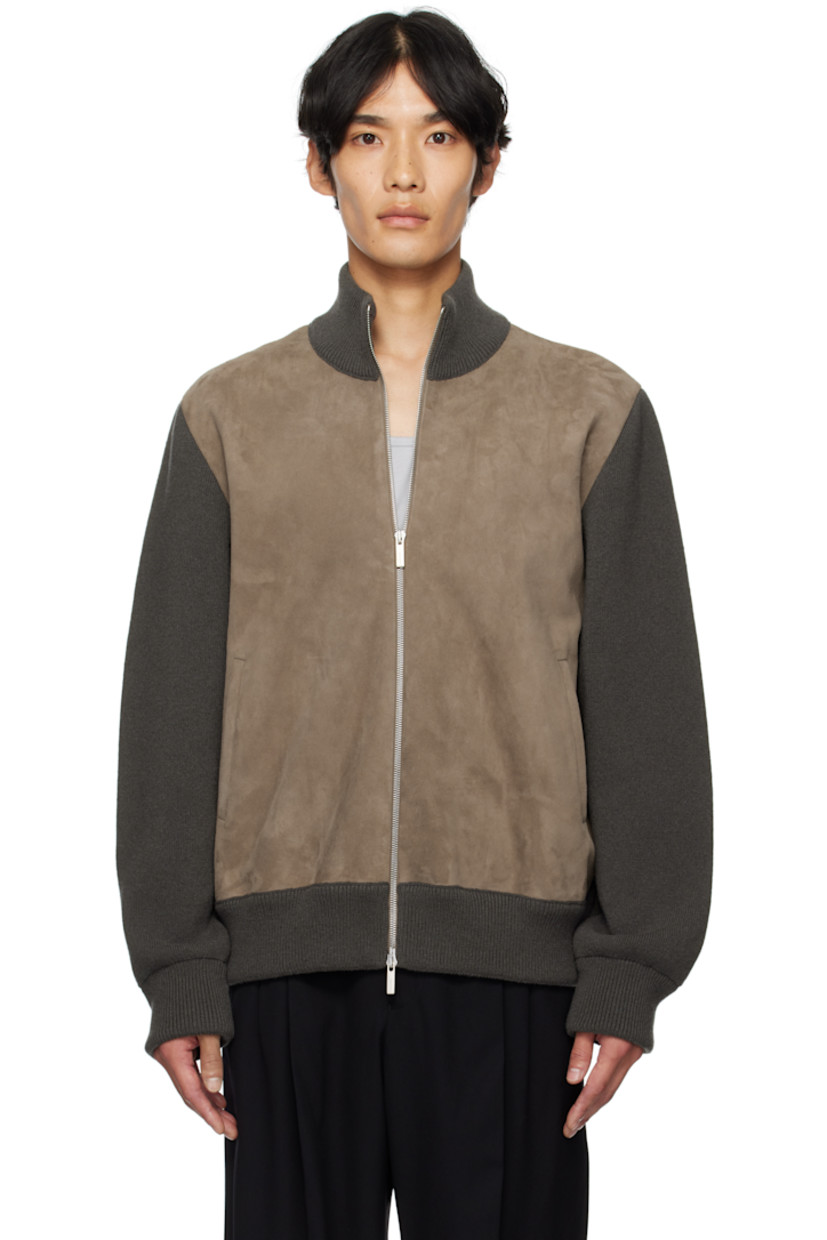 Paneled goatskin suede and rib-knit wool jacket. 

· Stand collar
· Two-way zip closure
· Welt pockets at waist
· Logo hardware at back collar
· Full knit lining

Supplier color: Concrete