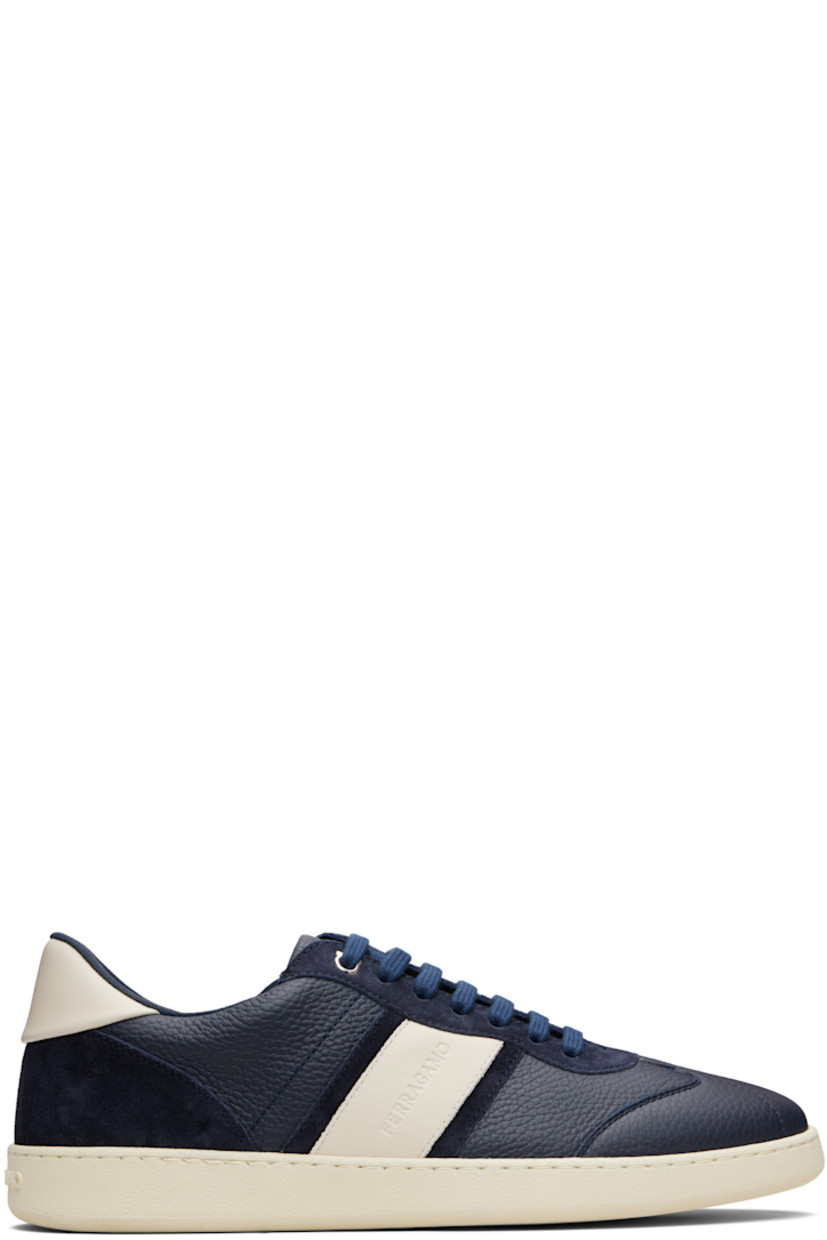 Low-top paneled calfskin suede and grained calfskin sneakers.

· Logo embossed throughout
· Lace-up closure
· Padded tongue and collar
· Logo embossed at heel
· Mesh lining
· Treaded rubber sole

Supplier color: Blue Marine/Mascarpone