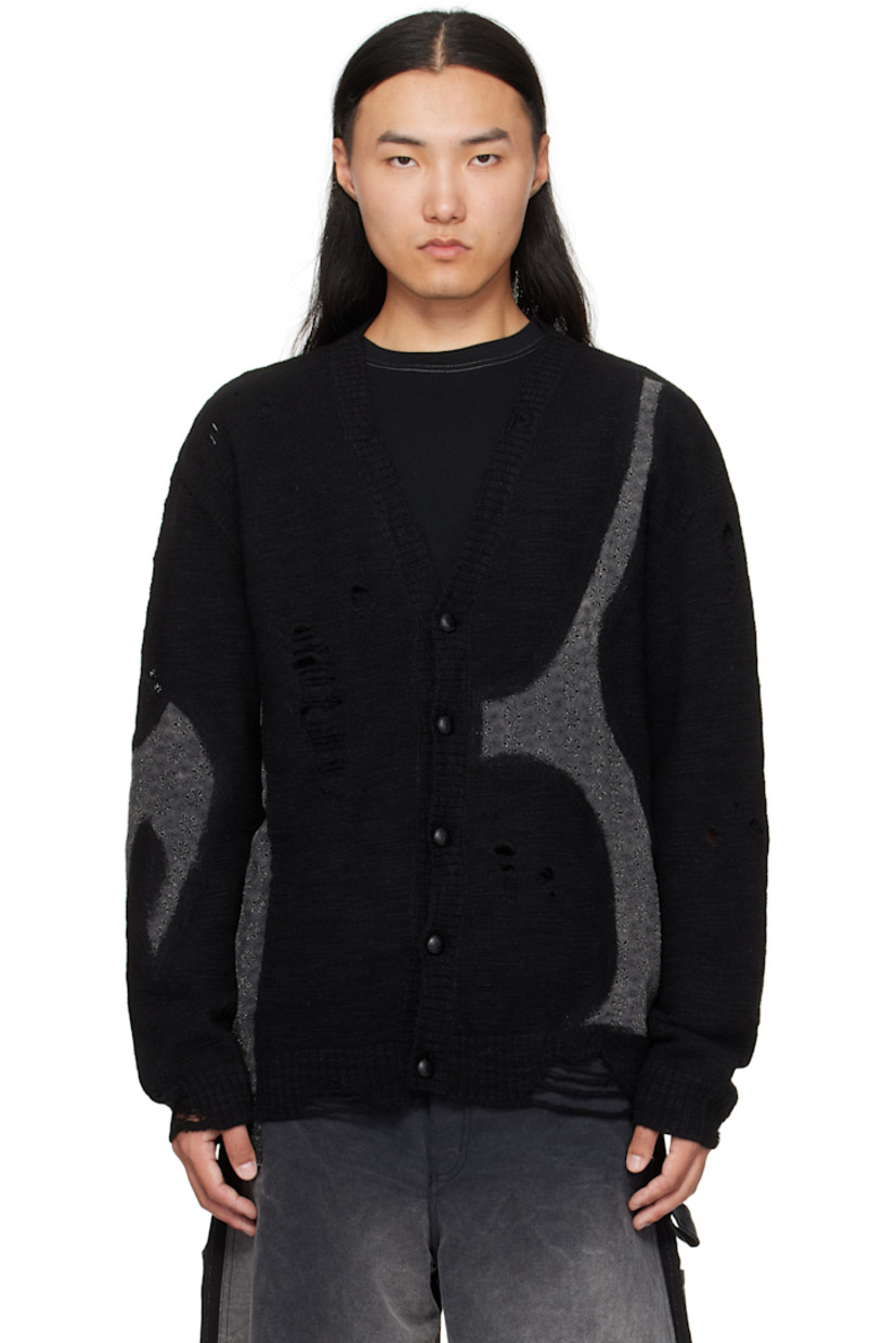 Knit wool cardigan.

· Floral-embroidered poplin panels throughout
· Distressing and laddering throughout
· Rib-knit V-neck, hem, and cuffs
· Woven-leather button closure
· Dropped shoulders

Supplier color: Black