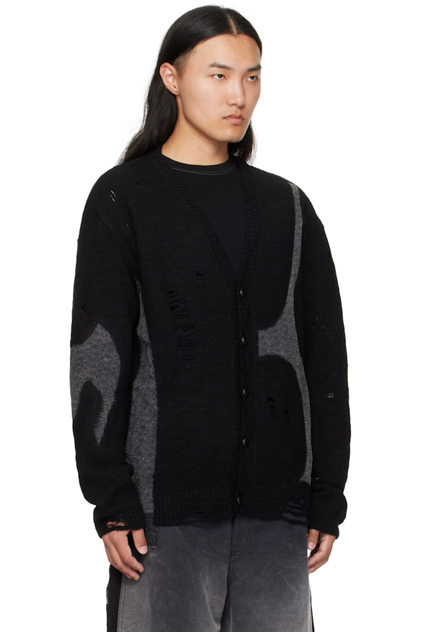Knit wool cardigan.

· Floral-embroidered poplin panels throughout
· Distressing and laddering throughout
· Rib-knit V-neck, hem, and cuffs
· Woven-leather button closure
· Dropped shoulders

Supplier color: Black