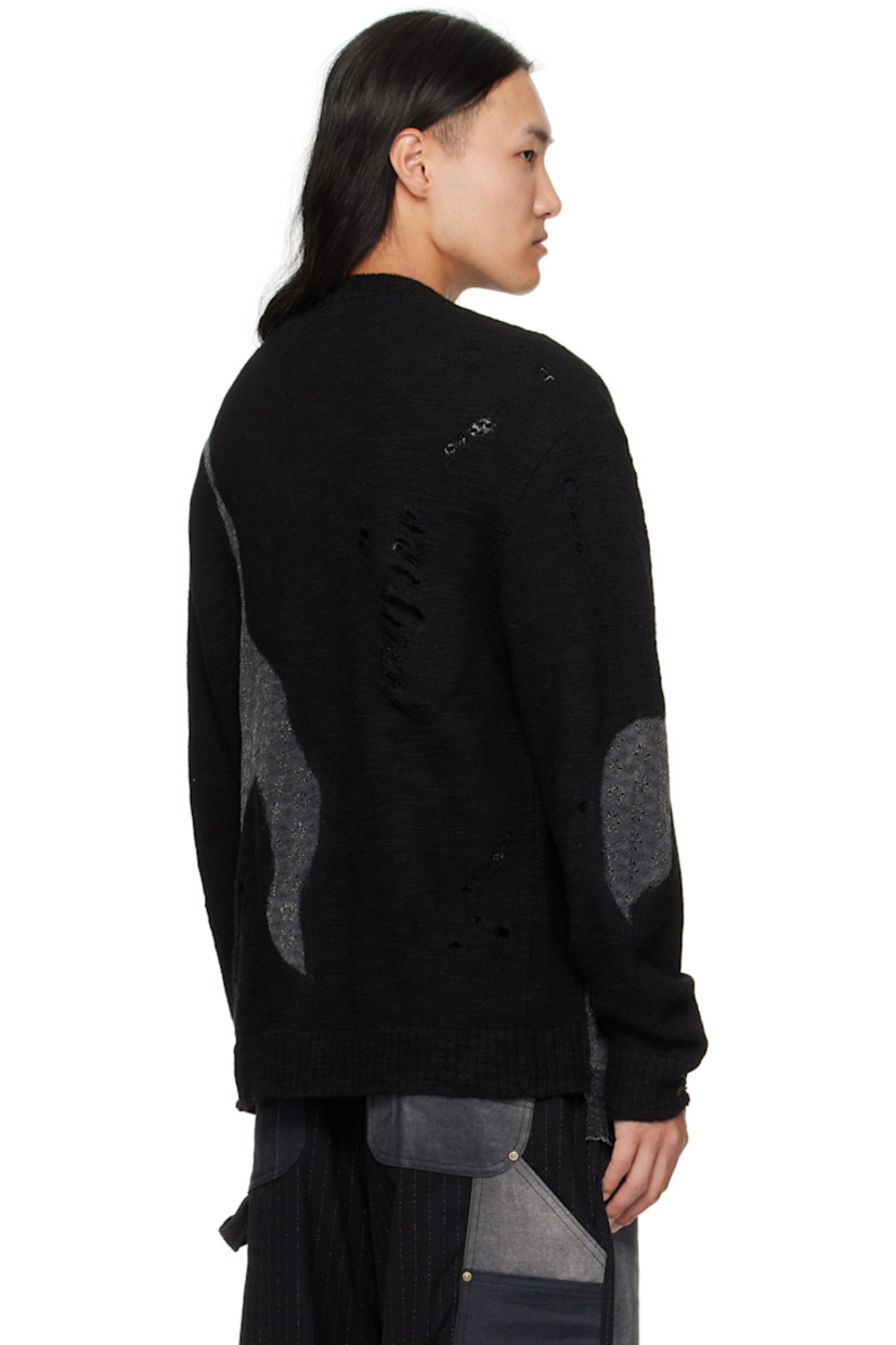 Knit wool cardigan.

· Floral-embroidered poplin panels throughout
· Distressing and laddering throughout
· Rib-knit V-neck, hem, and cuffs
· Woven-leather button closure
· Dropped shoulders

Supplier color: Black