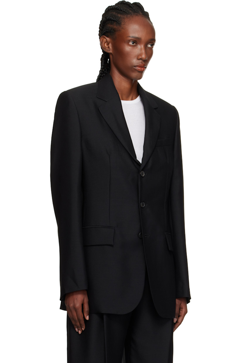 Malfilé mohair-blend twill blazer. 

· Notched lapel
· Button closure
· Welt pocket at chest
· Mock flap pockets at waist
· Padded shoulders
· Vented cuffs
· Central vent at back hem
· Welt pocket at interior 
· Full satin lining 

Supplier color: Black