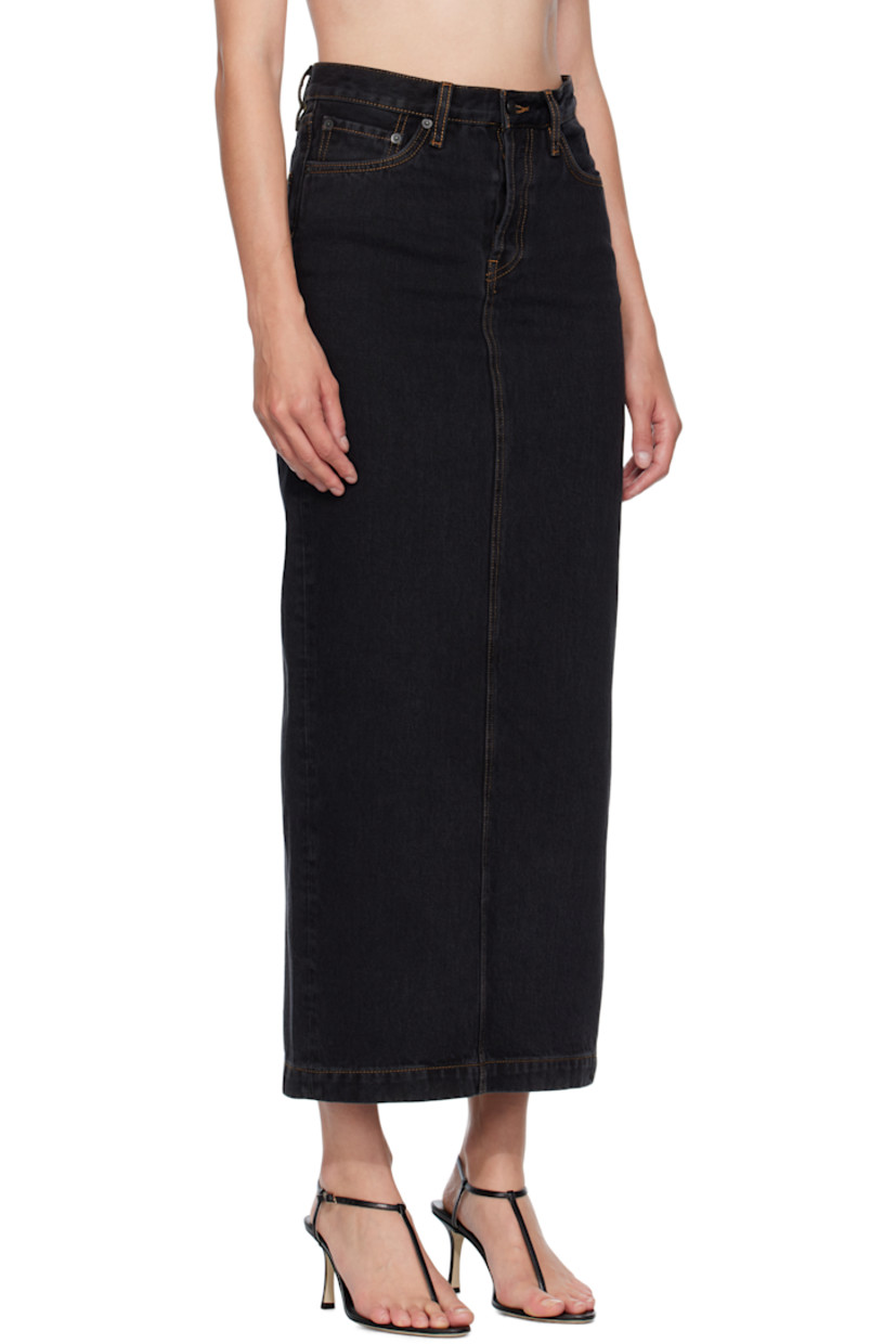 Non-stretch denim midi skirt.

· Belt loops
· Five-pocket styling
· Button fly
· Leather logo patch at back waistband
· Central vent at back hem
· Contrast stitching in tan

Supplier color: Black