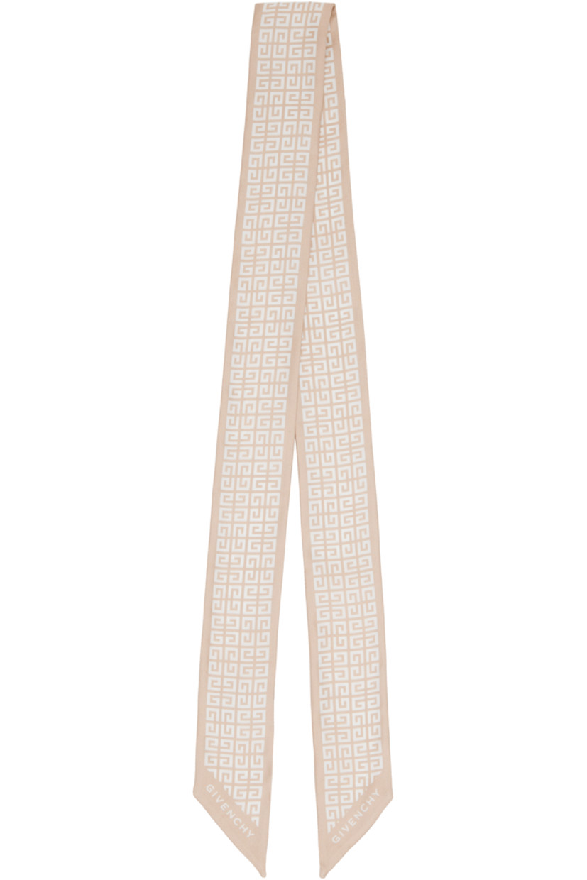 Rectangular silk twill skinny scarf.

· Logo pattern printed throughout
· Logo printed at ends
· L47" x W2"

Supplier color: Skin/White