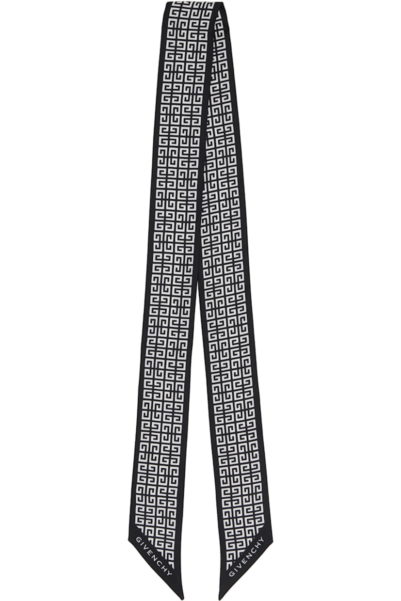 Rectangular silk twill skinny scarf.

· Logo pattern printed throughout
· Logo printed at ends
· L47" x W2"

Supplier color: Black/White