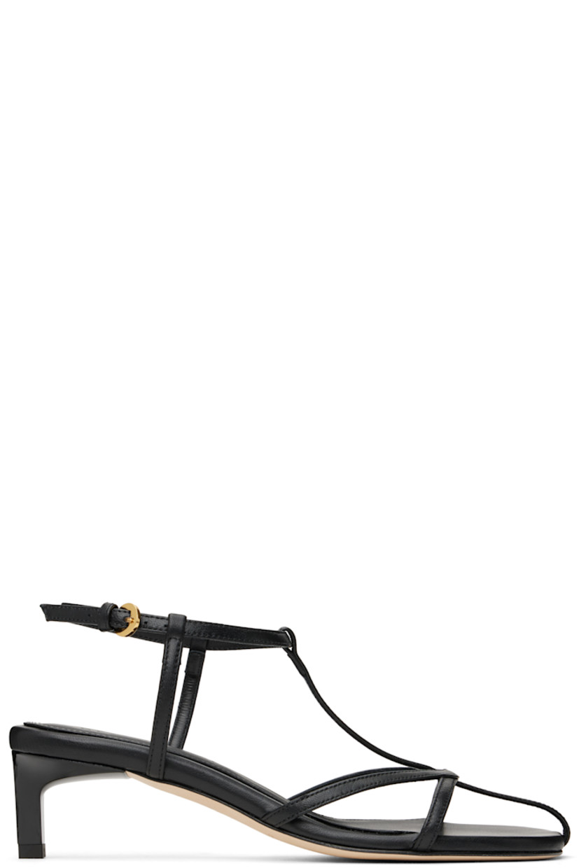 Handcrafted buffed nappa leather heeled sandals in black.

· Open square toe
· Pin-buckle ankle strap
· Logo embossed at padded leather footbed
· Kitten heel with rubber injection
· Nubuck sole
· Heel: H1.75"

Supplier color: Black