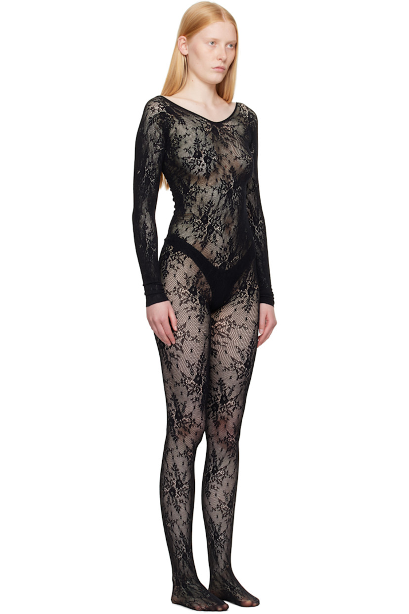 Stretch ECONYL® recycled nylon lace jumpsuit. Jacquard floral pattern throughout.

· Semi-sheer
· Boatneck
· Integrated reinforced toes 

Supplier color: Black