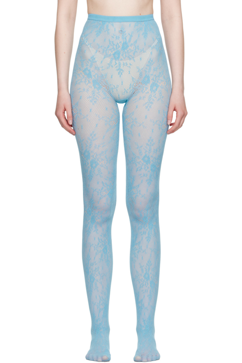 Semi-sheer stretch ECONYL® recycled nylon lace tights in blue.

· Jacquard floral pattern throughout
· Elasticized waistband
· Reinforced toes 
· Partial cotton jersey lining

Supplier color: Sky blue