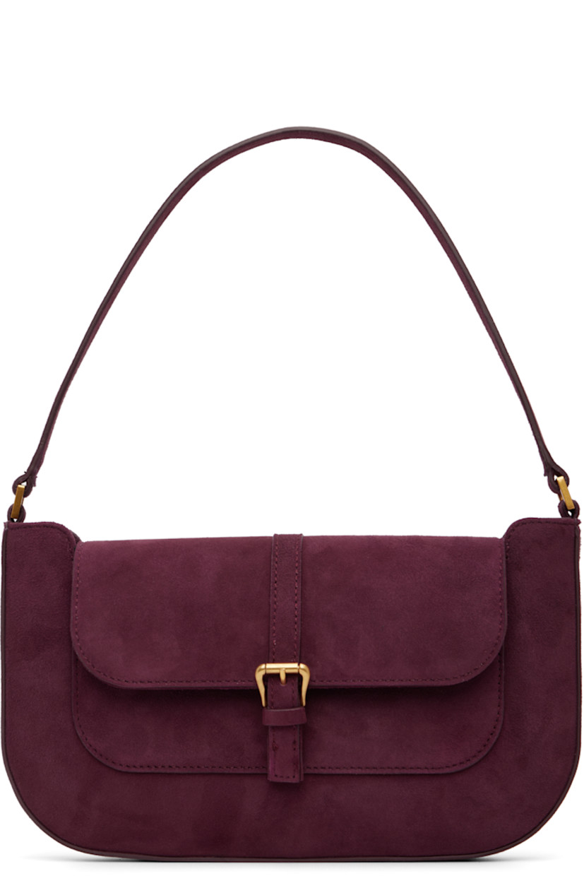 Goatskin suede shoulder bag. 

· Fixed shoulder strap
· Pin-buckle strap at magnetic press-stud flap
· Patch pocket at interior
· Microfiber lining
· Gold-tone hardware
· H6.5" x W11" x D1"

Supplier color: Sour cherry