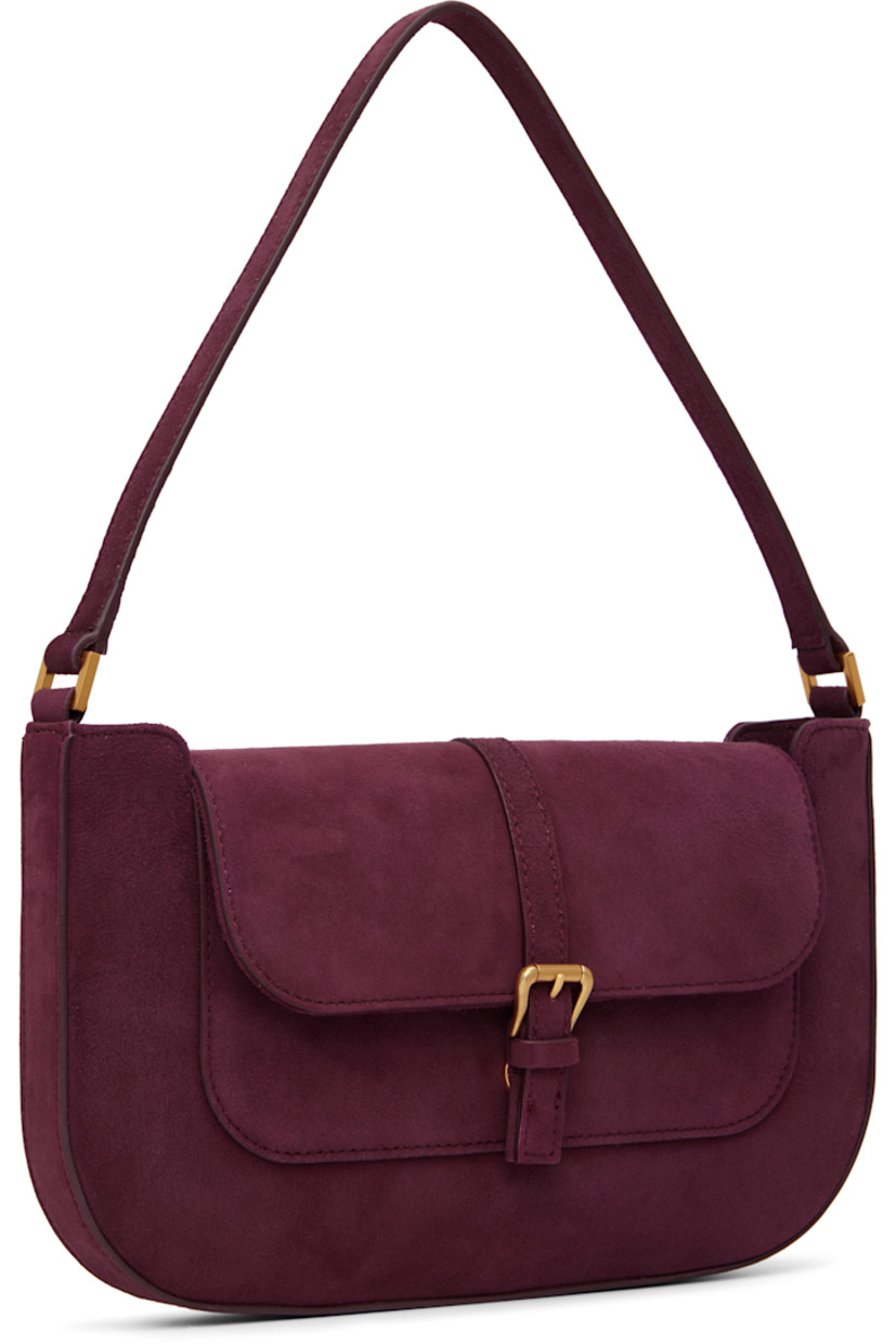 Goatskin suede shoulder bag. 

· Fixed shoulder strap
· Pin-buckle strap at magnetic press-stud flap
· Patch pocket at interior
· Microfiber lining
· Gold-tone hardware
· H6.5" x W11" x D1"

Supplier color: Sour cherry