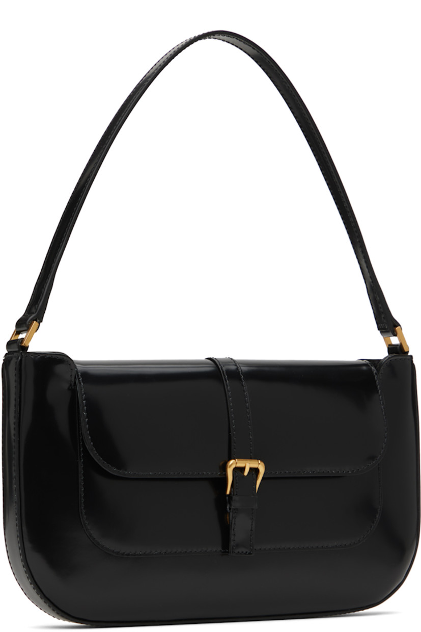 Patent leather shoulder bag.

· LWG-certified leather
· Fixed shoulder strap
· Pin-buckle hardware at magnetic press-stud flap
· Patch pocket at interior
· Cotton twill lining
· H6" x W10.75" x D1"

Supplier color: Black