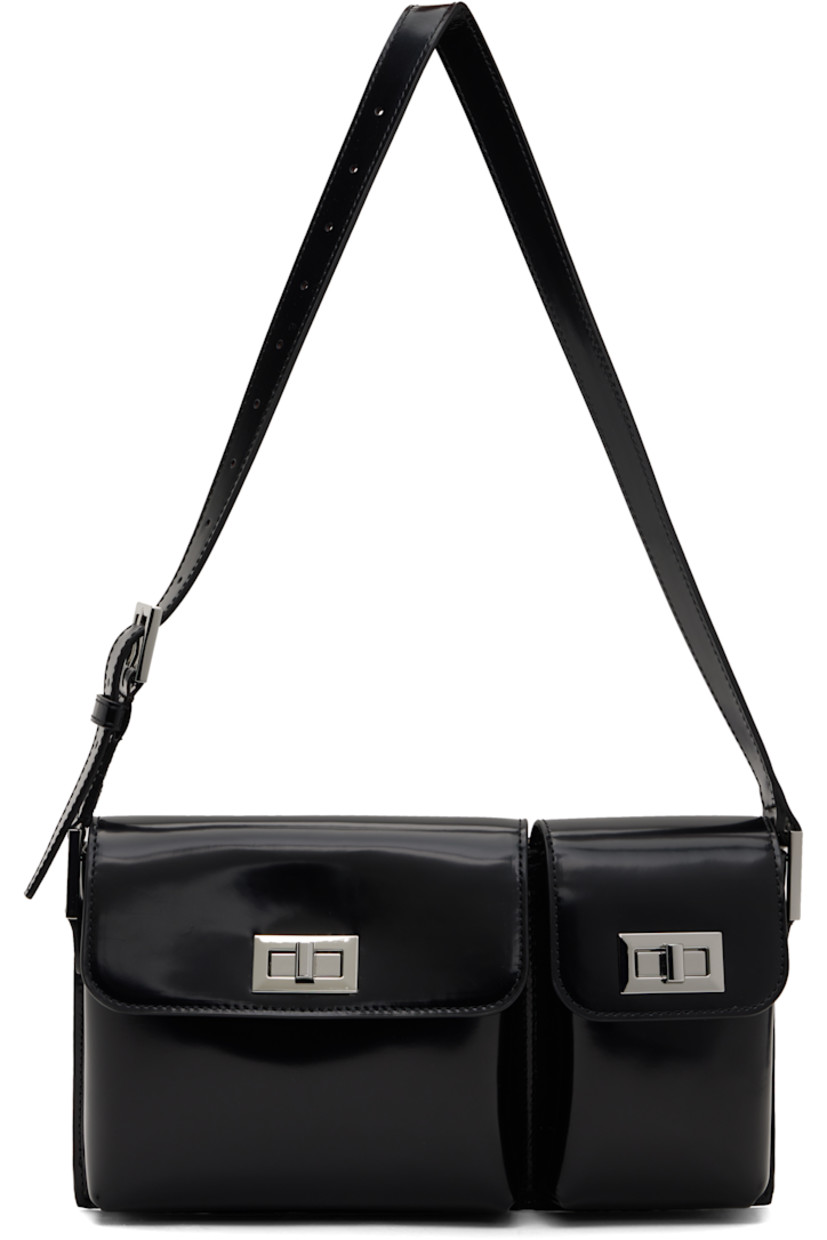 Polished leather shoulder bag.

· LWG-certified leather
· Two-compartment construction
· Adjustable shoulder strap
· Patch pocket at back face
· Turn-lock closures
· Faux-suede lining
· H5.75" x W10.75" x D1.75"

Supplier color: Black
