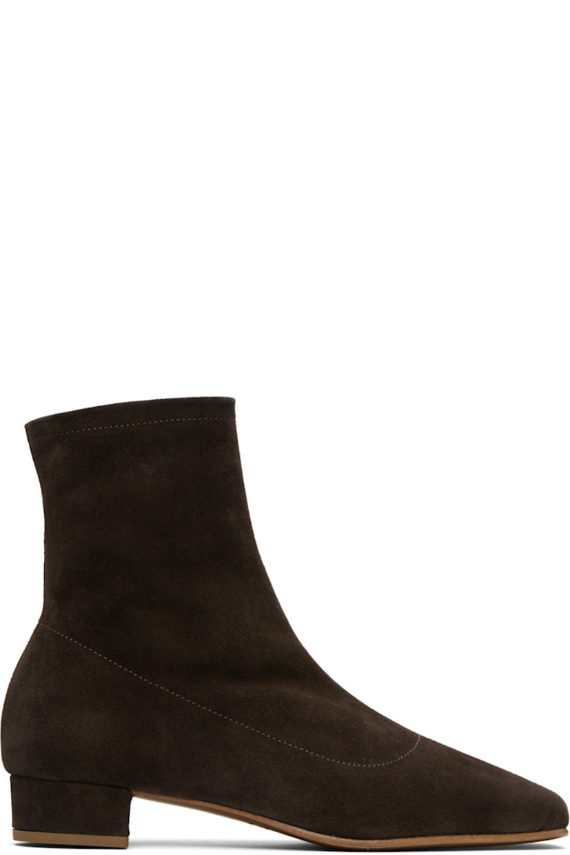Ankle-high suede boots. 

· Square toe
· Central seam at vamp
· Zip closure at inner side
· Covered block heel with rubber injection
· Polished leather sole
· Heel: H1"

Supplier color: Ristretto