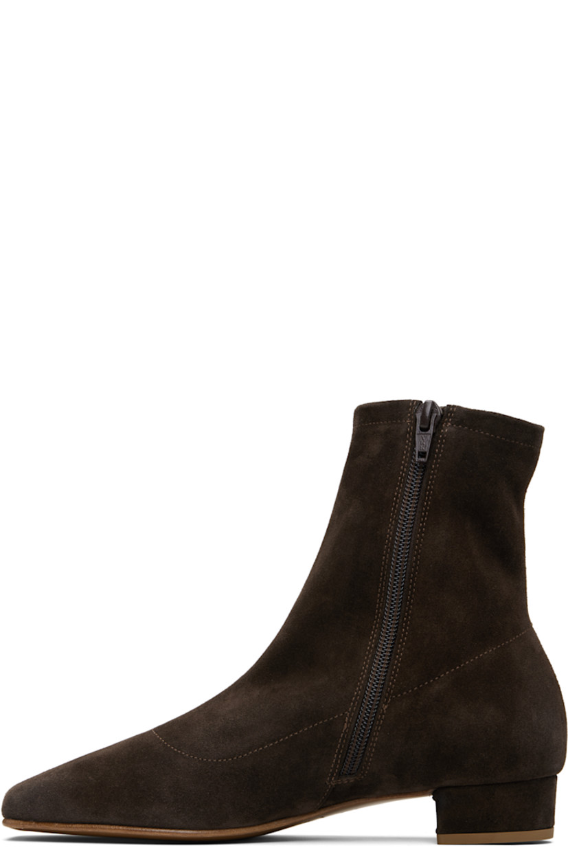 Ankle-high suede boots. 

· Square toe
· Central seam at vamp
· Zip closure at inner side
· Covered block heel with rubber injection
· Polished leather sole
· Heel: H1"

Supplier color: Ristretto