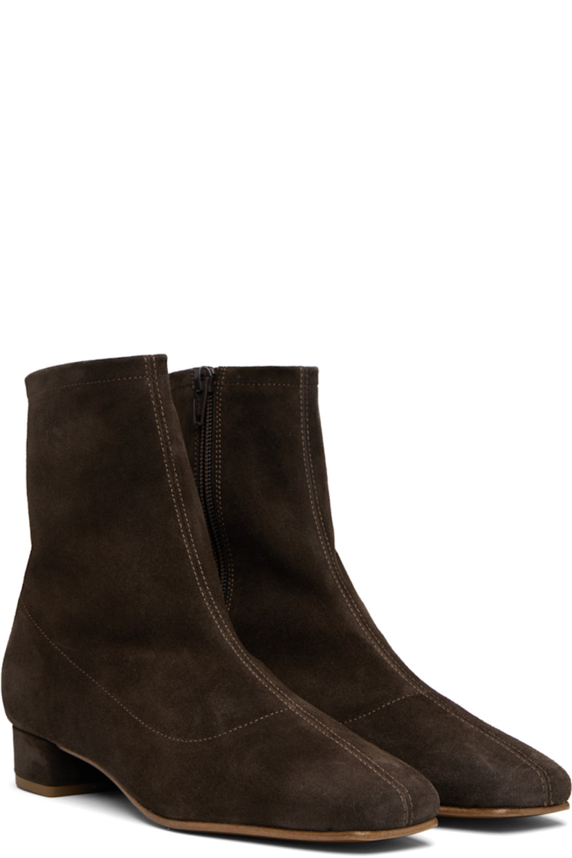 Ankle-high suede boots. 

· Square toe
· Central seam at vamp
· Zip closure at inner side
· Covered block heel with rubber injection
· Polished leather sole
· Heel: H1"

Supplier color: Ristretto