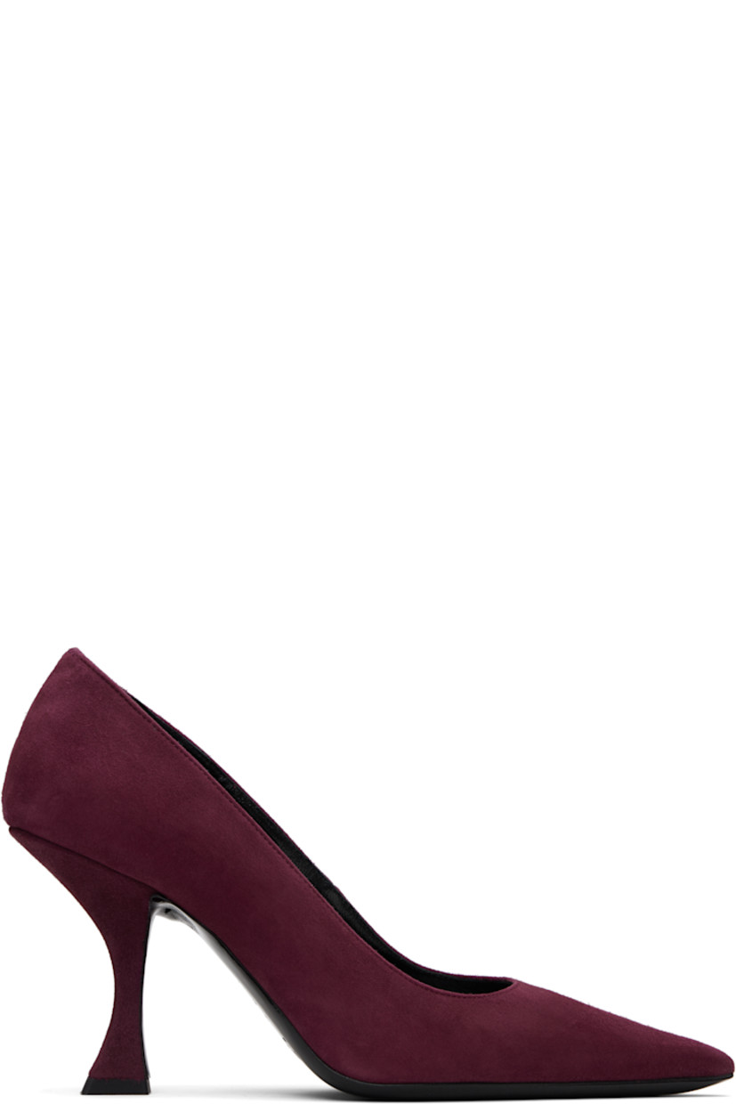 Suede heels. 

· Pointed toe
· Buffed leather lining
· Covered spool heel with rubber injection
· Polished leather sole
· Heel: H3.5"

Supplier color: Sour cherry