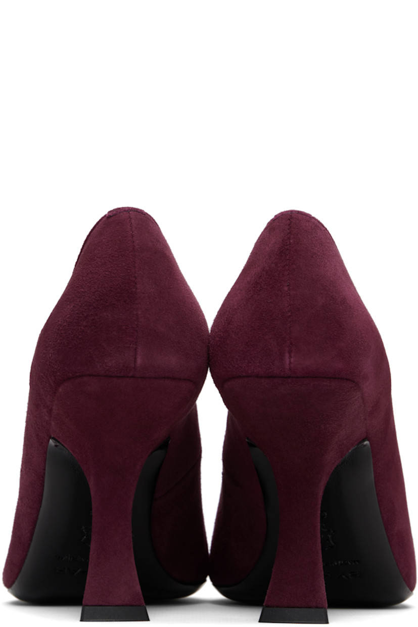 Suede heels. 

· Pointed toe
· Buffed leather lining
· Covered spool heel with rubber injection
· Polished leather sole
· Heel: H3.5"

Supplier color: Sour cherry