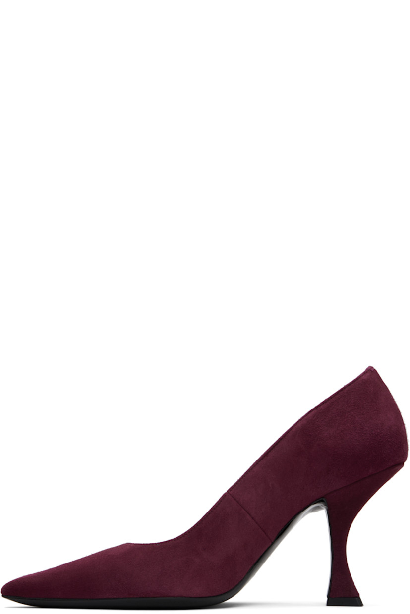 Suede heels. 

· Pointed toe
· Buffed leather lining
· Covered spool heel with rubber injection
· Polished leather sole
· Heel: H3.5"

Supplier color: Sour cherry