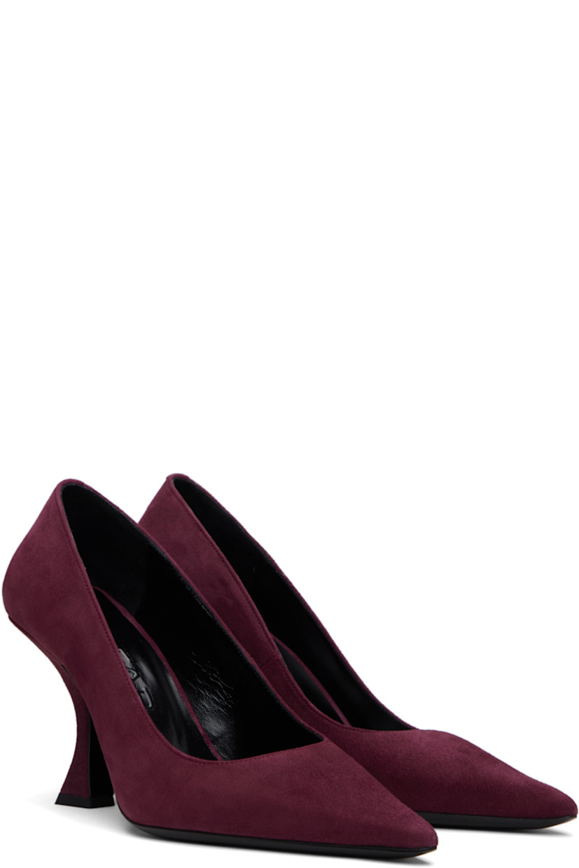Suede heels. 

· Pointed toe
· Buffed leather lining
· Covered spool heel with rubber injection
· Polished leather sole
· Heel: H3.5"

Supplier color: Sour cherry