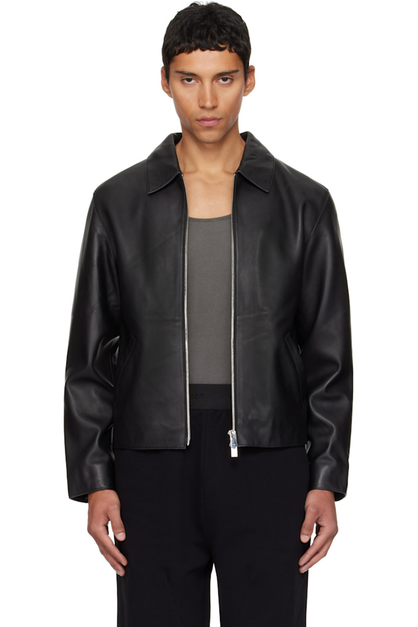 Grained lambskin jacket. 

· Spread collar 
· Two-way zip closure 
· Welt pockets at waist
· Zip vent at cuffs
· Strap and logo-engraved mirror at back 
· Welt pocket at interior 
· Full logo-woven twill lining

Supplier color: Black
