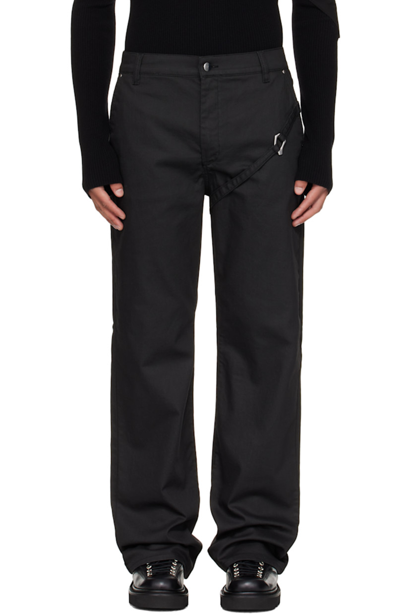 Coated stretch denim jeans. 

· Straight-leg 
· Belt loops
· Four-pocket styling
· Zip fly 
· Strap with carabiner at front 

Supplier color: Black