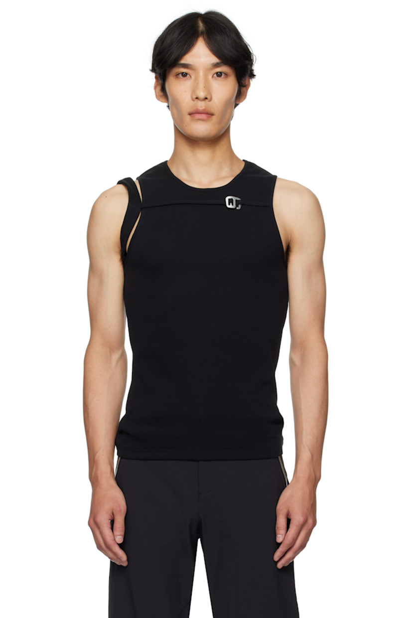 Rib-knit cotton tank top.

· Crewneck
· Adjustable hook-eye strap at chest
· Cutout at armscye

Supplier color: Black