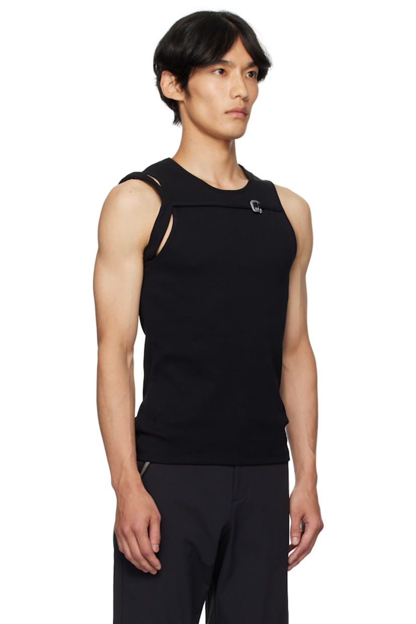 Rib-knit cotton tank top.

· Crewneck
· Adjustable hook-eye strap at chest
· Cutout at armscye

Supplier color: Black