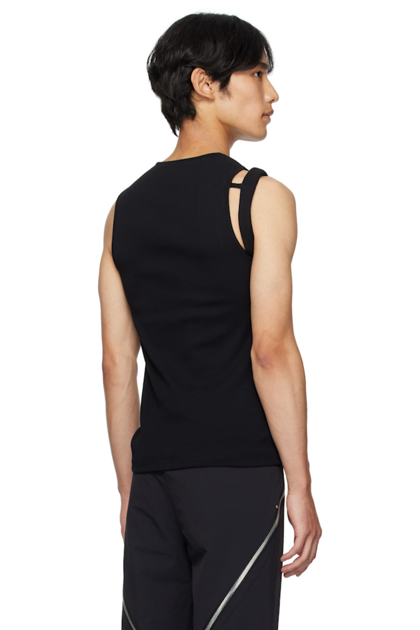 Rib-knit cotton tank top.

· Crewneck
· Adjustable hook-eye strap at chest
· Cutout at armscye

Supplier color: Black
