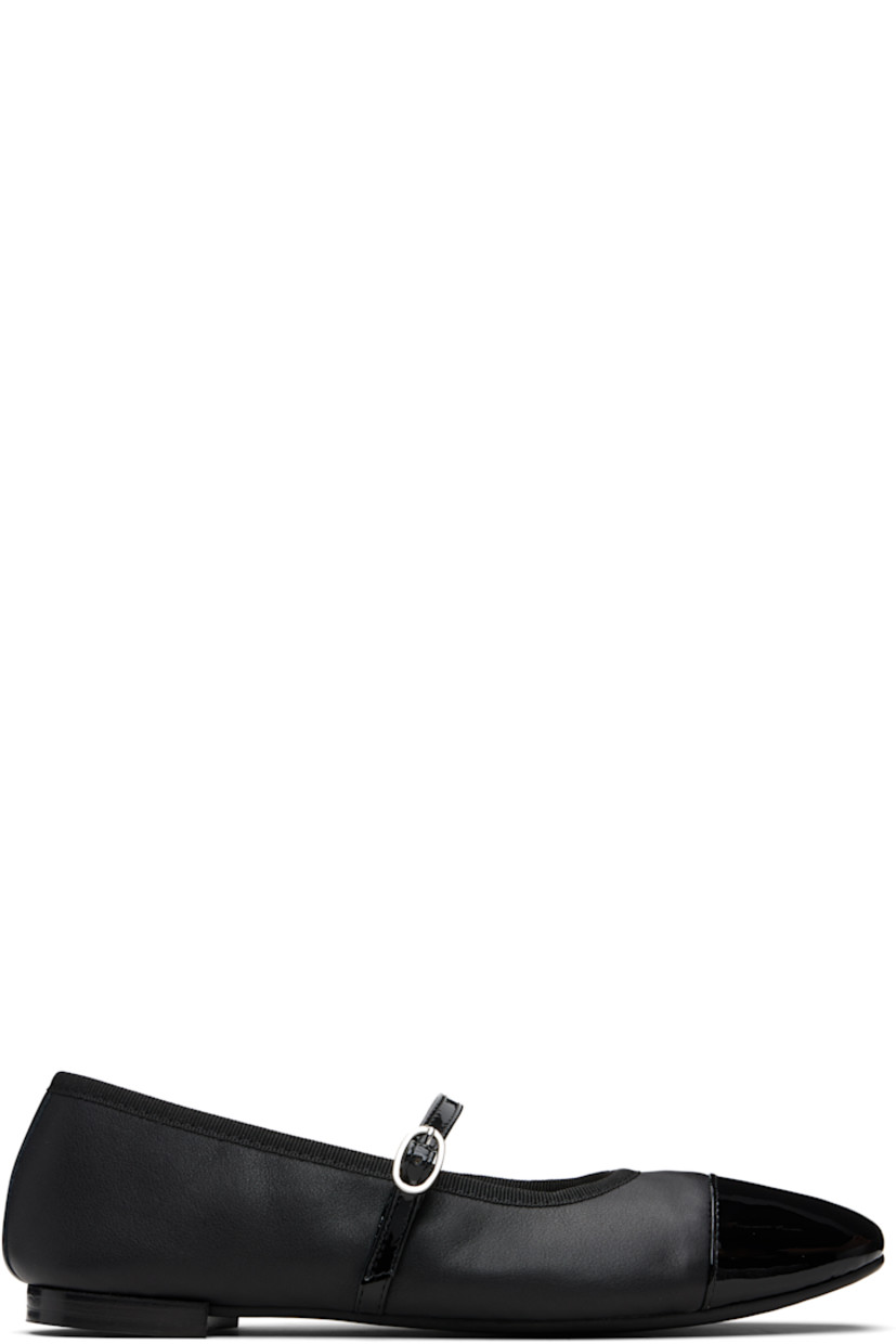 Grained and patent leather Mary Jane-style ballerina flats.

· Square cap toe
· Pin-buckle strap at vamp
· Grosgrain trim at collar
· Cotton twill lining
· Stacked leather heel with rubber injection
· Treaded rubber sole

Supplier color: Black
