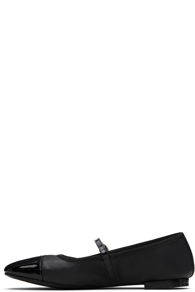 Grained and patent leather Mary Jane-style ballerina flats.

· Square cap toe
· Pin-buckle strap at vamp
· Grosgrain trim at collar
· Cotton twill lining
· Stacked leather heel with rubber injection
· Treaded rubber sole

Supplier color: Black