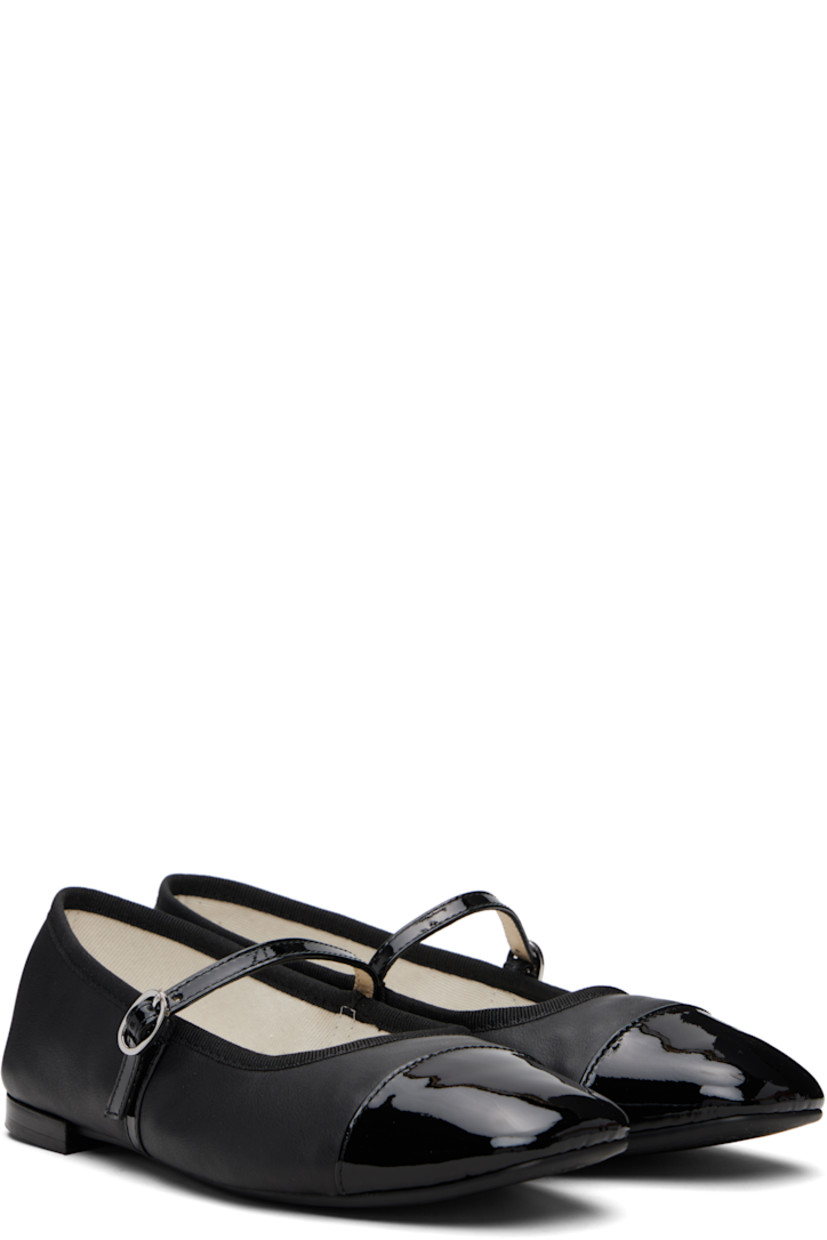 Grained and patent leather Mary Jane-style ballerina flats.

· Square cap toe
· Pin-buckle strap at vamp
· Grosgrain trim at collar
· Cotton twill lining
· Stacked leather heel with rubber injection
· Treaded rubber sole

Supplier color: Black