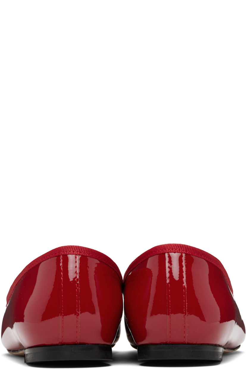 Patent lambskin ballerina flats.

· Pointed toe
· Bow accent and grosgrain trim at collar
· Plain-woven lining
· Stacked leather heel with rubber injection
· Rubber sole

Supplier color: Flame red