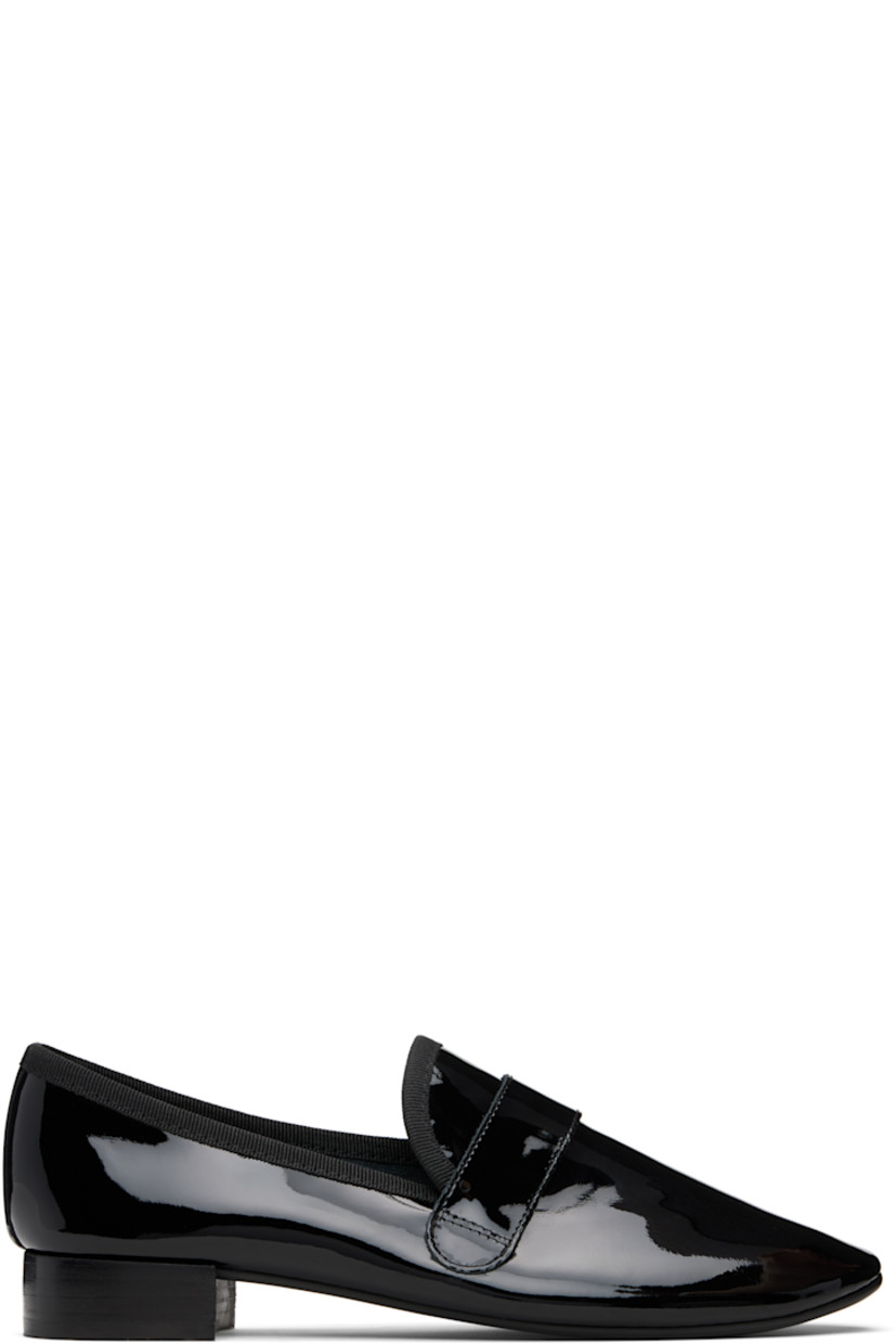 Patent leather loafers.

· Strap at vamp
· Grosgrain trim at tongue and collar
· Knit lining
· Stacked leather heel with rubber injection
· Treaded rubber sole
· Heel: H1"

Supplier color: Black