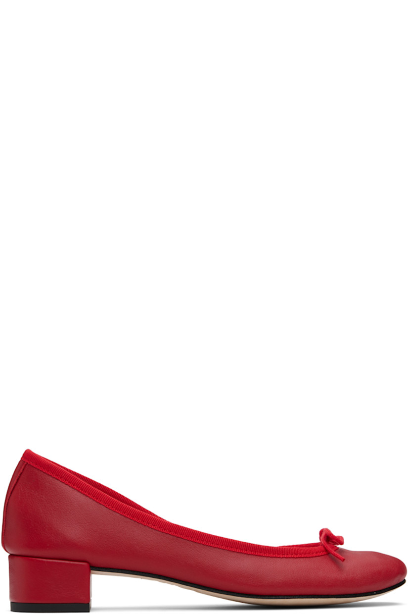 Grained calfskin heels.

· Bow accent at vamp
· Grosgrain trim at collar
· Twill lining
· Covered heel with rubber injection
· Nubuck sole
· Heel: H1.5"

Supplier color: Flame red