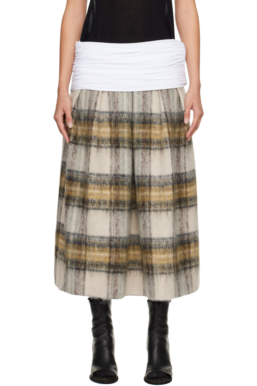 Brushed wool- and mohair-blend tweed midi skirt.

· Check pattern throughout
· Draping at elasticized foldover waistband
· Ruching at side seams
· Hook-eye and zip closure at side seam
· Full satin lining

Supplier color: Wool