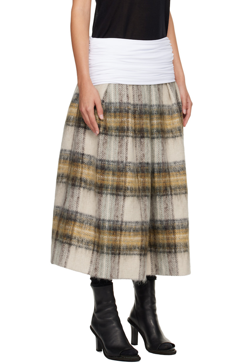 Brushed wool- and mohair-blend tweed midi skirt.

· Check pattern throughout
· Draping at elasticized foldover waistband
· Ruching at side seams
· Hook-eye and zip closure at side seam
· Full satin lining

Supplier color: Wool