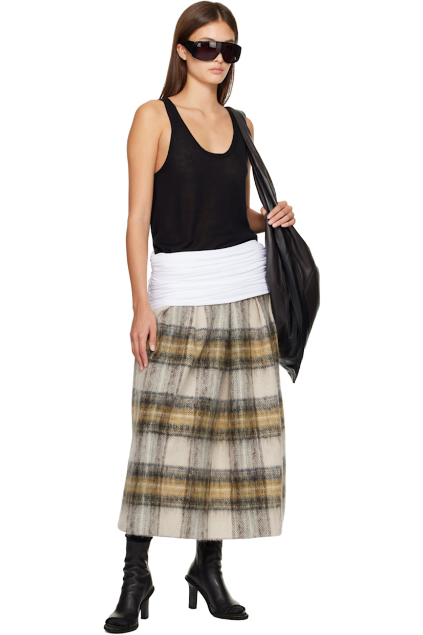 Brushed wool- and mohair-blend tweed midi skirt.

· Check pattern throughout
· Draping at elasticized foldover waistband
· Ruching at side seams
· Hook-eye and zip closure at side seam
· Full satin lining

Supplier color: Wool