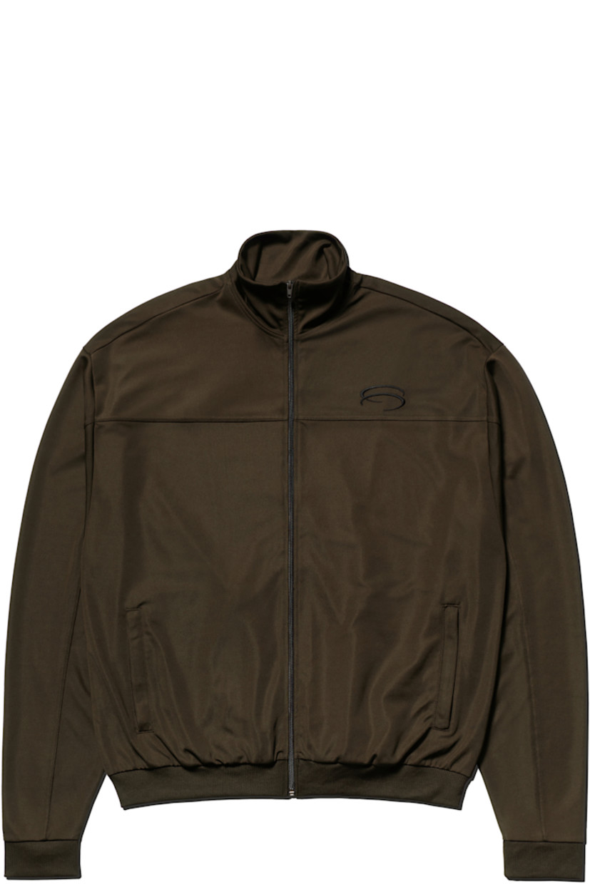 Stretch jersey track jacket.

· Stand collar
· Zip closure
· Logo embroidered at chest
· Welt pockets at waist
· Rib-knit hem and cuffs

Supplier color: Turkish Coffee