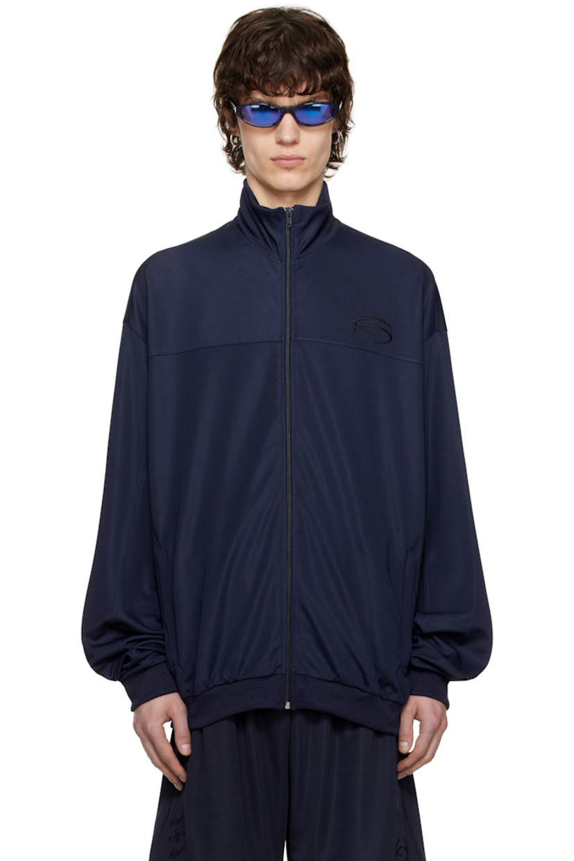 Stretch jersey track jacket.

· Stand collar
· Zip closure
· Logo embroidered at chest
· Welt pockets at waist
· Rib-knit hem and cuffs

Supplier color: Navy