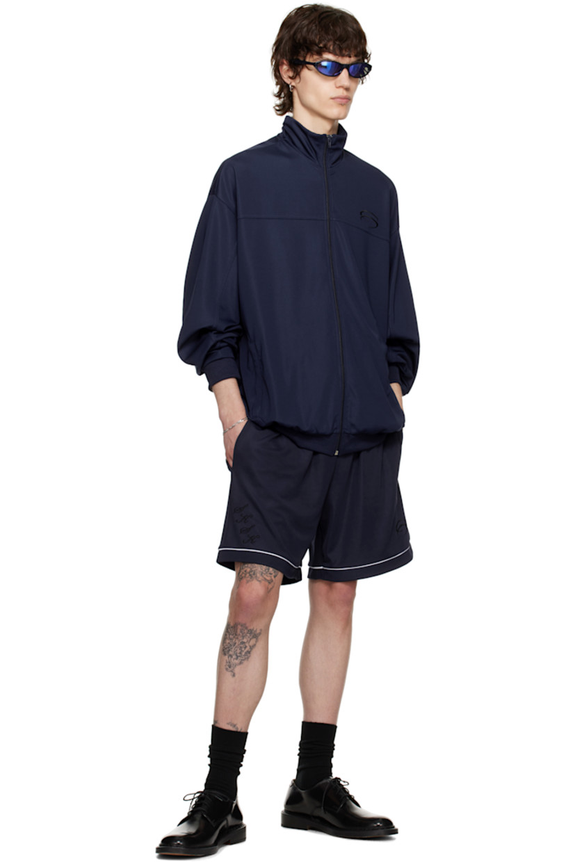 Stretch jersey track jacket.

· Stand collar
· Zip closure
· Logo embroidered at chest
· Welt pockets at waist
· Rib-knit hem and cuffs

Supplier color: Navy