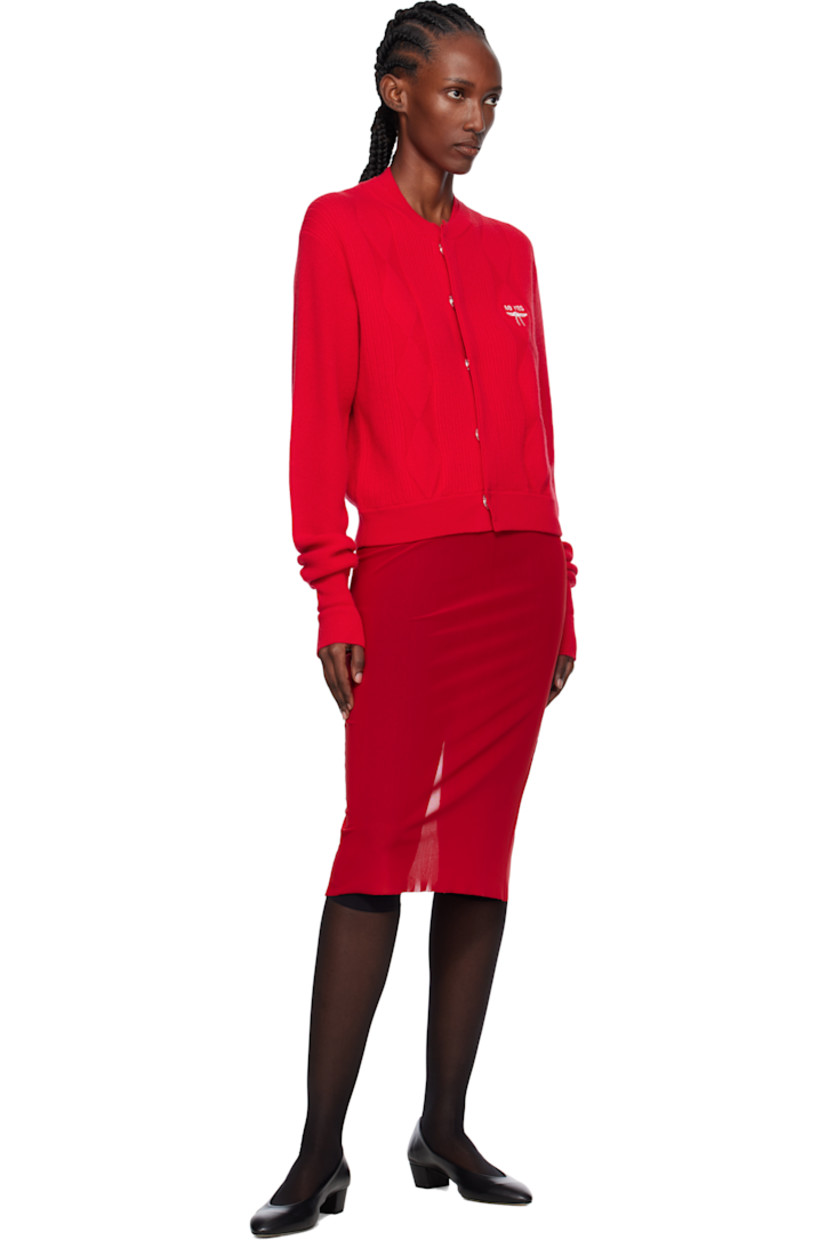 Rib-knit wool- and cashmere-blend cardigan.

· Layered crewneck
· Concealed press-stud closure
· Jacquard argyle pattern at front
· Logo embroidered at chest

Supplier color: Red