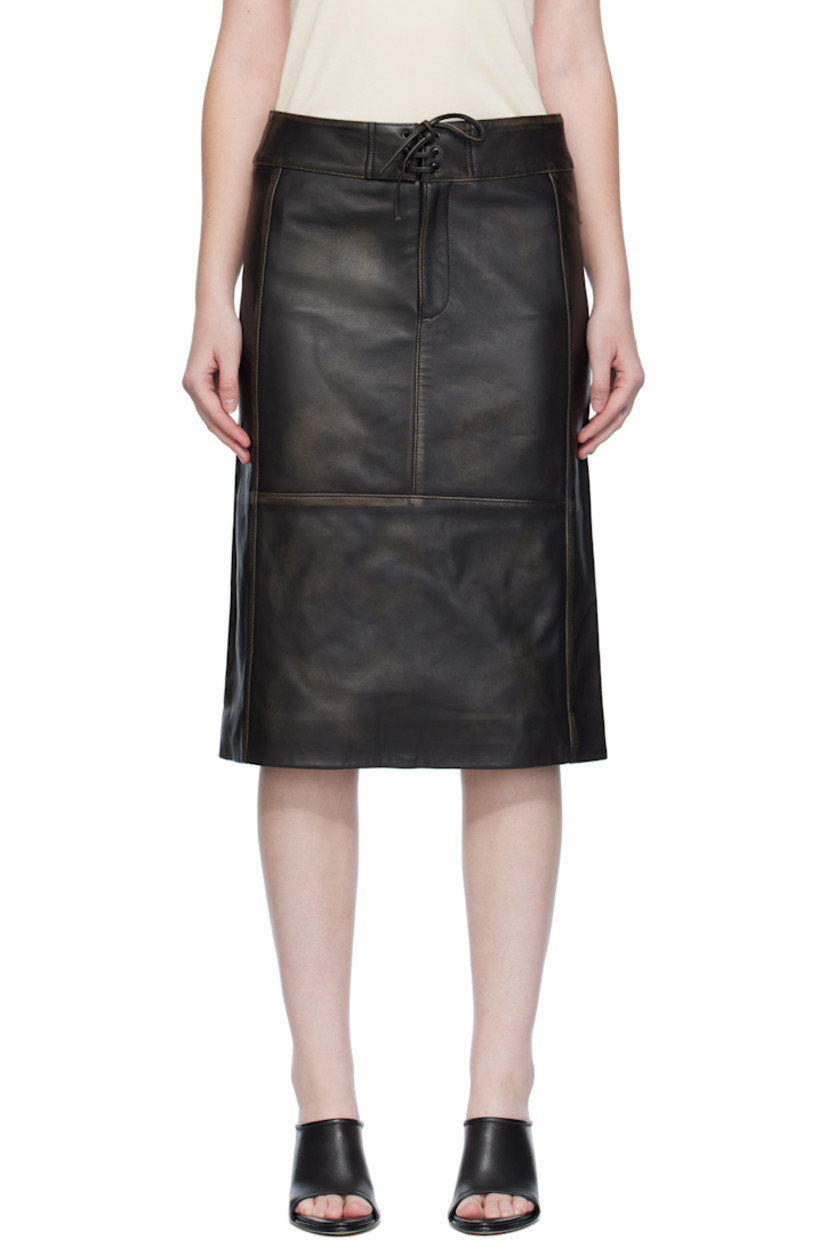 Paneled grained lambskin midi skirt. 

· Smudging throughout 
· Lace-up closure at front waist 
· Zip fly 
· Central vent at back hem 
· Full satin twill lining 

Supplier color: Black