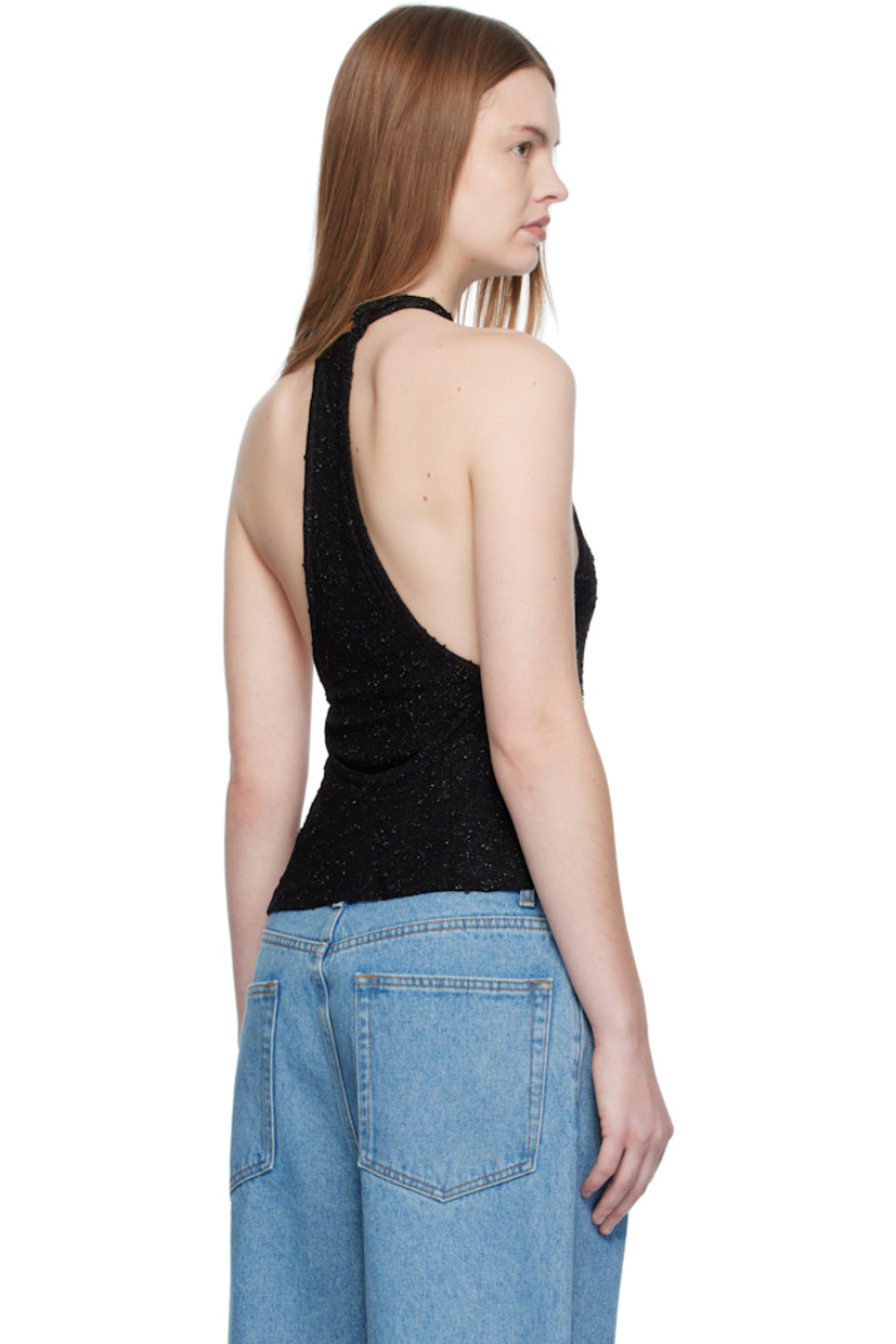 Viscose-blend mesh top. 

· Metallic thread detailing throughout 
· Self-tie halter neck
· Racer back
· Full stretch jersey lining

Supplier color: Black metallic