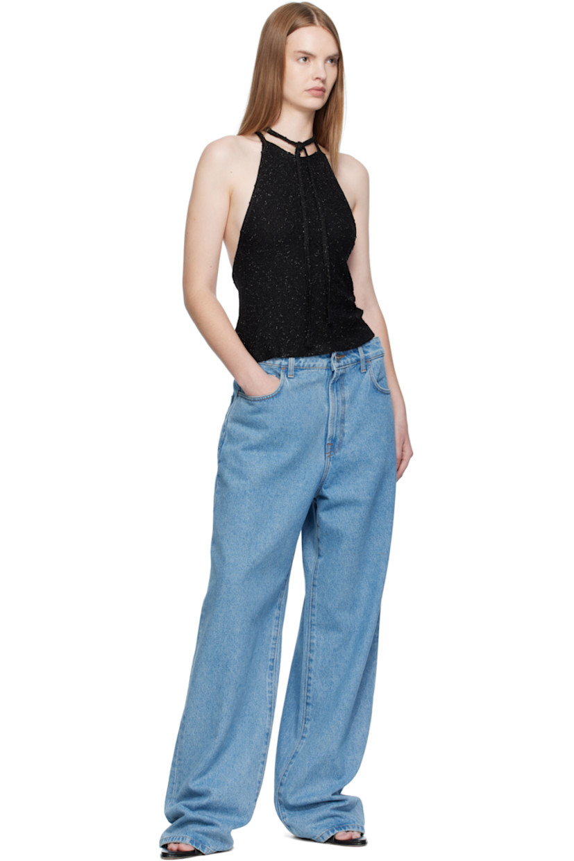 Viscose-blend mesh top. 

· Metallic thread detailing throughout 
· Self-tie halter neck
· Racer back
· Full stretch jersey lining

Supplier color: Black metallic