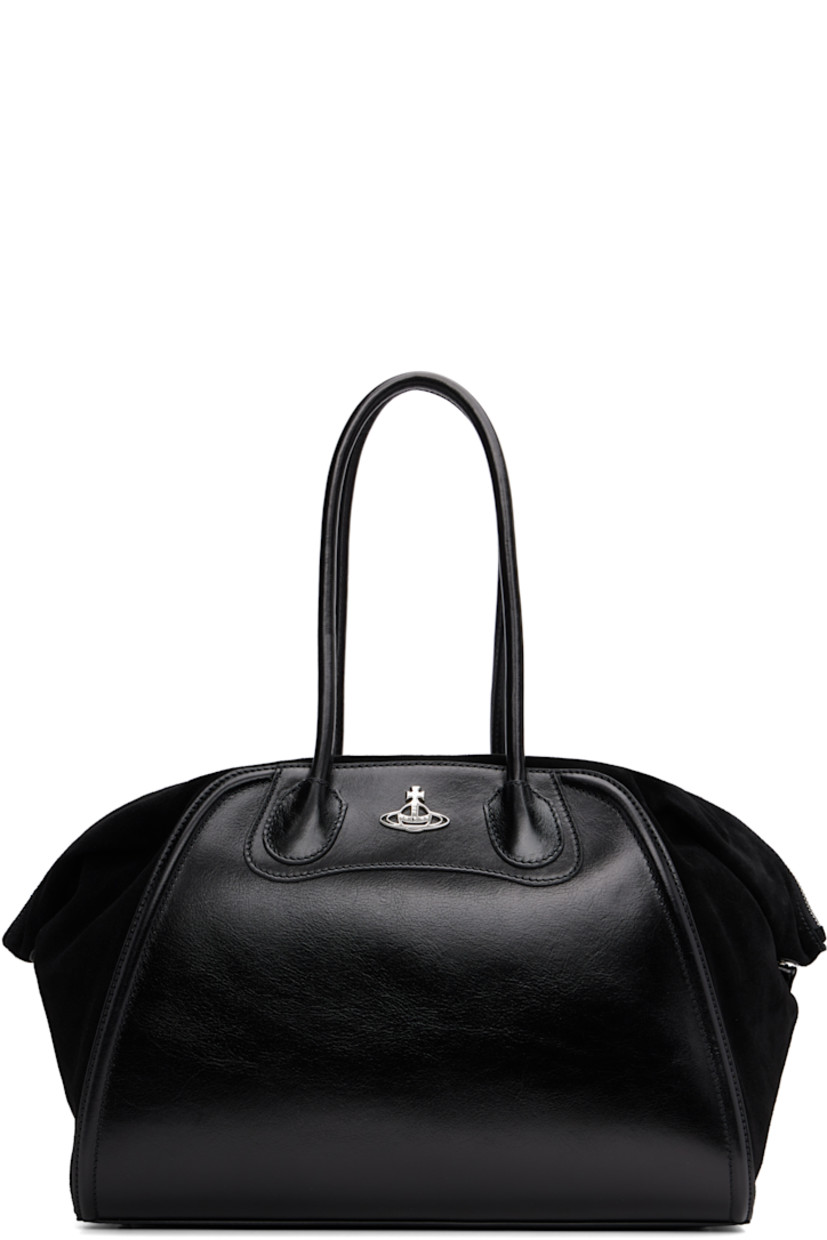 Grained leather and suede carryall tote.

· Twin rolled carry handles
· Logo hardware at face
· Press-stud tab at sides
· Bumper studs at base
· Two-way zip closure
· Zip and patch pockets at interior
· Twill lining
· H11" x W15" x D5.5"

Supplier color: Black