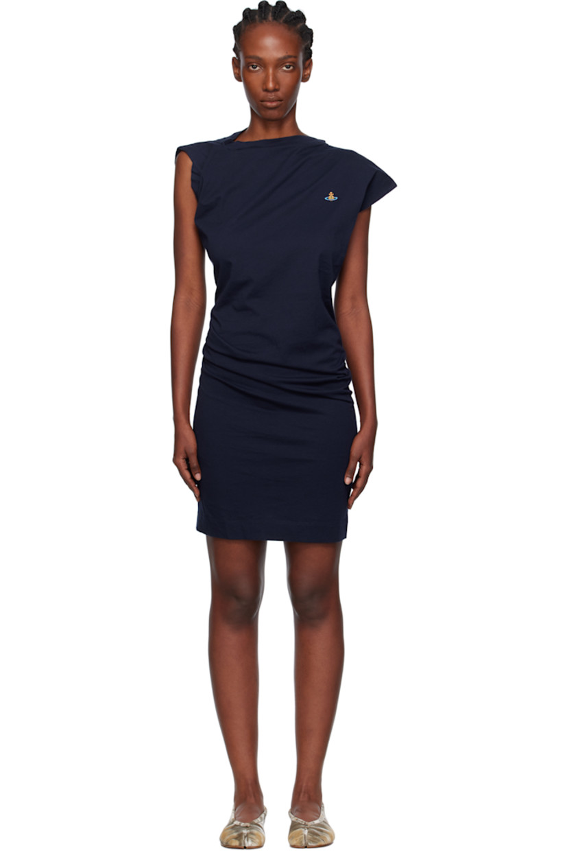 Organic cotton jersey midi dress.

· Asymmetrical construction
· Draping throughout 
· Rib-knit crewneck
· Embroidered logo at chest
· Vent at side seam

Supplier color: Navy