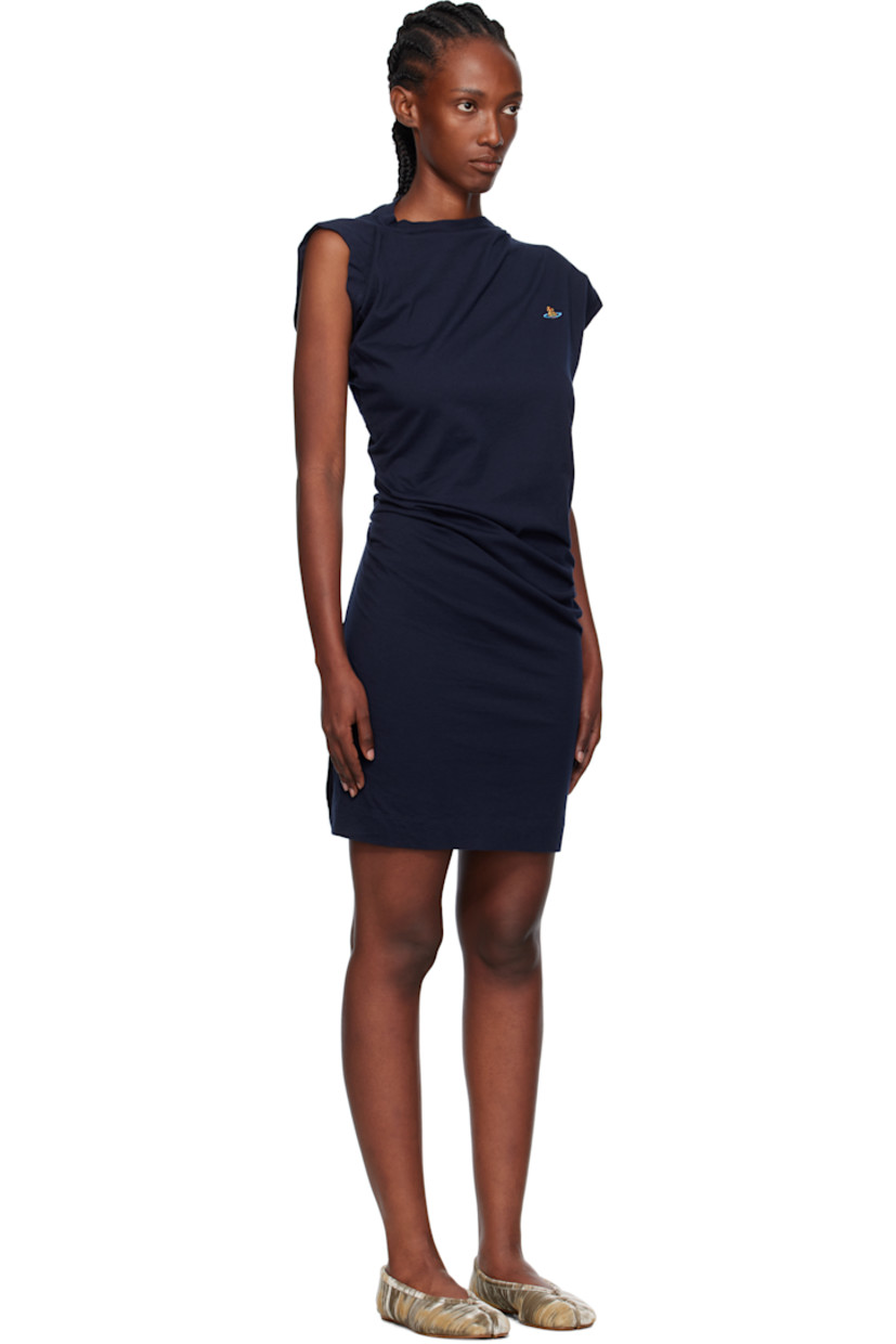 Organic cotton jersey midi dress.

· Asymmetrical construction
· Draping throughout 
· Rib-knit crewneck
· Embroidered logo at chest
· Vent at side seam

Supplier color: Navy