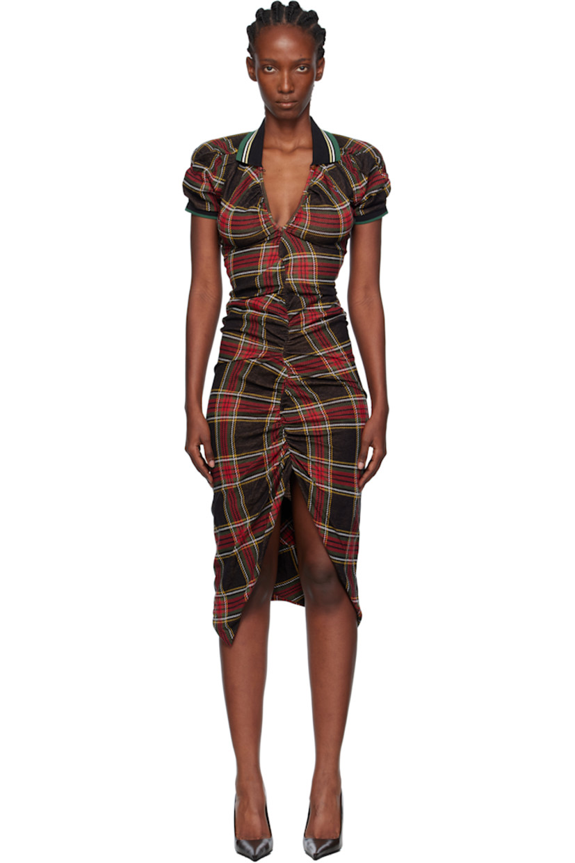 Knit organic cotton midi dress.

· Check pattern throughout 
· Rib-knit spread collar and cuffs
· Keyhole with button fastening at front
· Embroidered logo at chest
· Central vent at front hem
· Puff sleeves

Supplier color: Red/Green