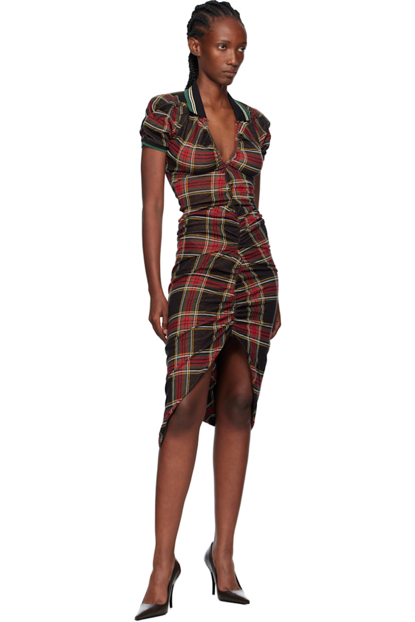 Knit organic cotton midi dress.

· Check pattern throughout 
· Rib-knit spread collar and cuffs
· Keyhole with button fastening at front
· Embroidered logo at chest
· Central vent at front hem
· Puff sleeves

Supplier color: Red/Green